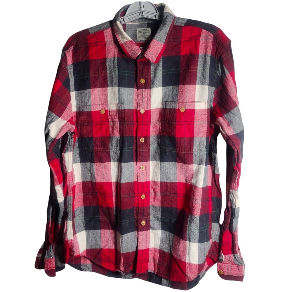 J.Crew Mens Red Plaid Button Down Long Sleeve Cotton Flannel Shirt Large